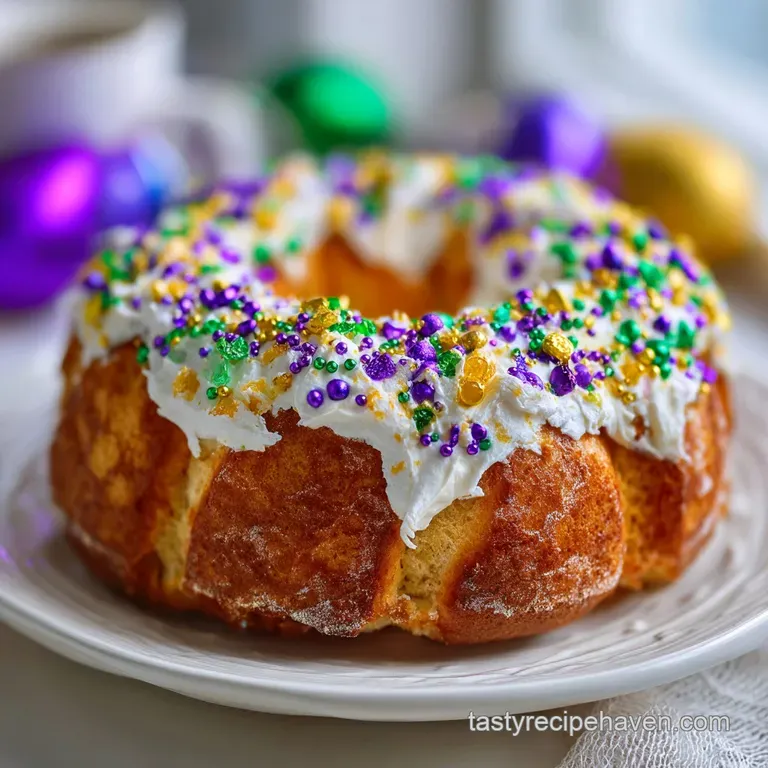 Slice of King Cake on a plate. Cream cheese filling oozes. Gold, green, and purple sprinkles sparkle on the icing. Festive...