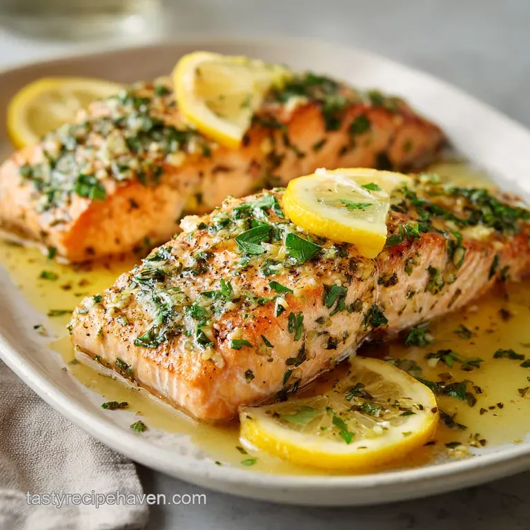 A perfectly cooked salmon fillet, glistening and flaky, is artfully arranged with lemon slices.