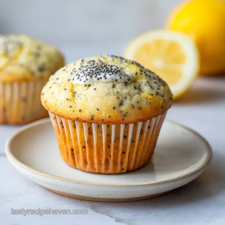 Three delicate lemon poppyseed muffins artfully arranged with a drizzle of lemon glaze and fresh zest.