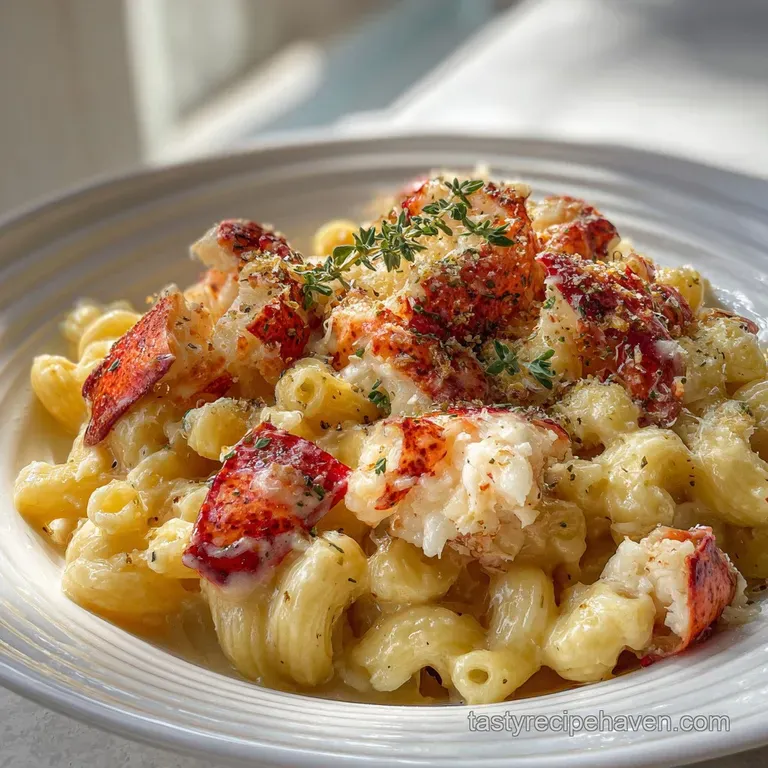 Elegant plate of lobster mac and cheese: glistening pasta, chunks of lobster, parsley garnish, creamy, rich texture.