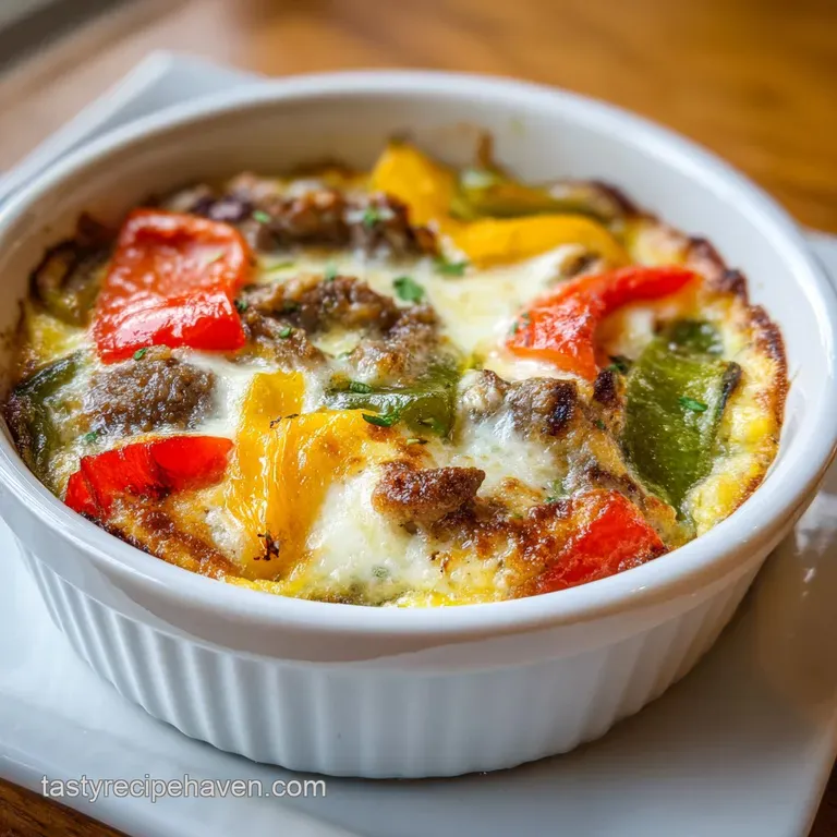 A forkful of gooey cheesesteak casserole, revealing layers of steak, cheese, and sauteed onions, perfectly plated.