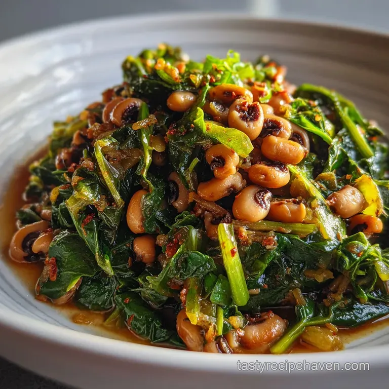 A mound of glistening black-eyed peas, garnished with bright green scallions and a drizzle of golden oil, plated beautifully.