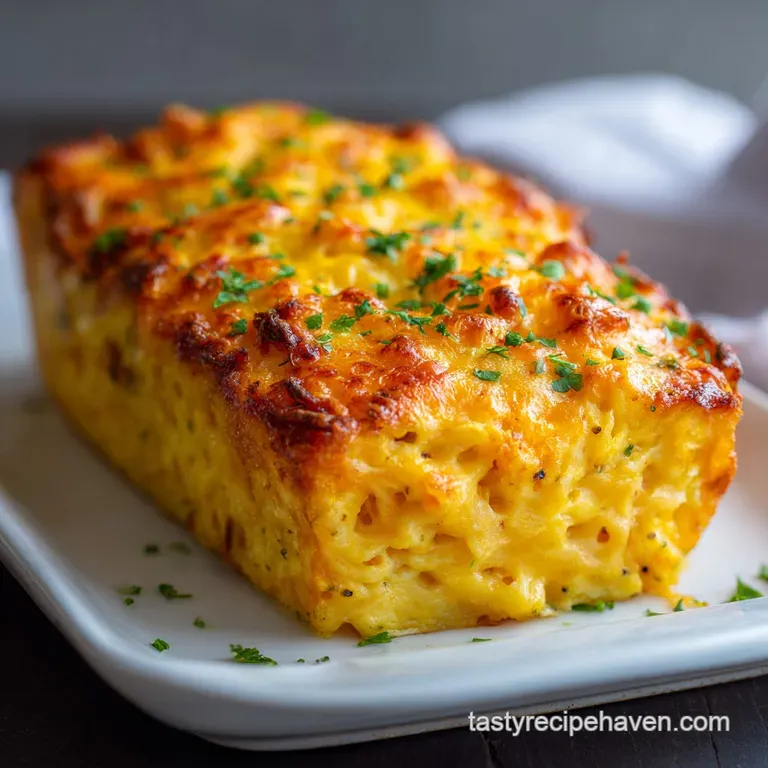 Slice of savory meatloaf with visible noodles and a cheddar cheese sauce drizzle, plated beside vibrant green steamed broc...