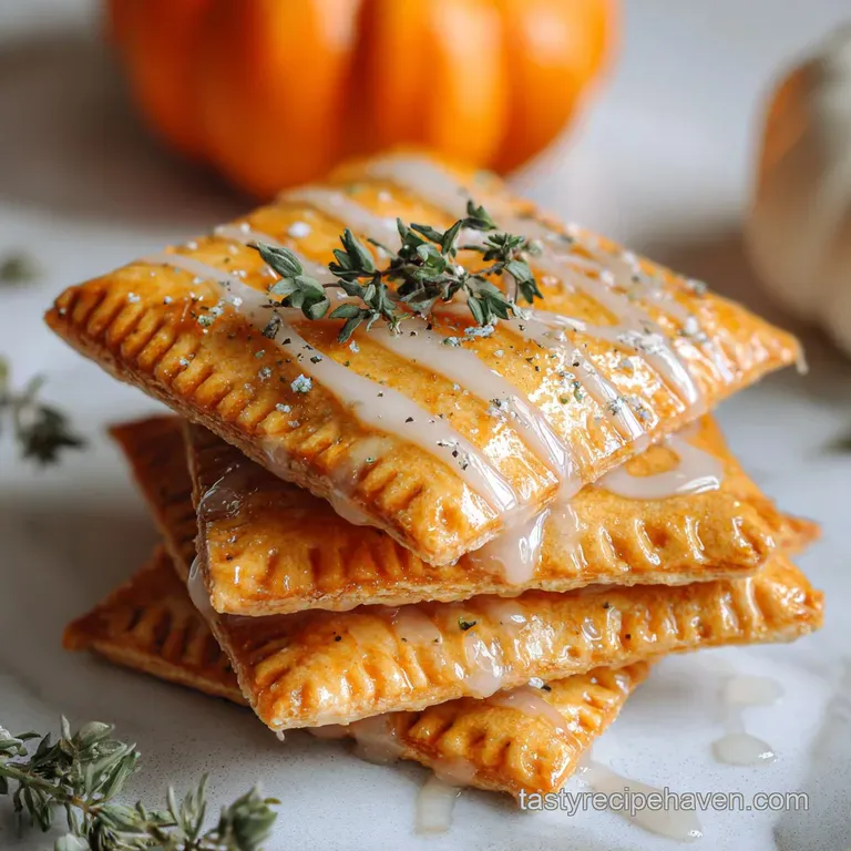 Two maple-glazed pumpkin poptarts plated with a dusting of powdered sugar and a drizzle of maple syrup. Warm, inviting aut...
