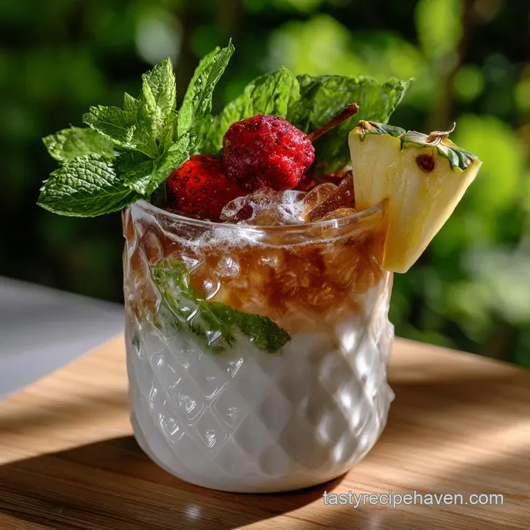 Vibrant tropical cocktail with layers of amber and ruby hues. Garnished with a charred pineapple wedge and orchid flower.
