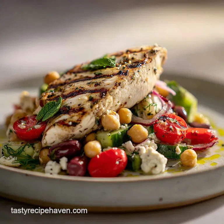 Juicy grilled chicken breast arranged artfully with fluffy couscous, lemon slices, and fresh parsley.