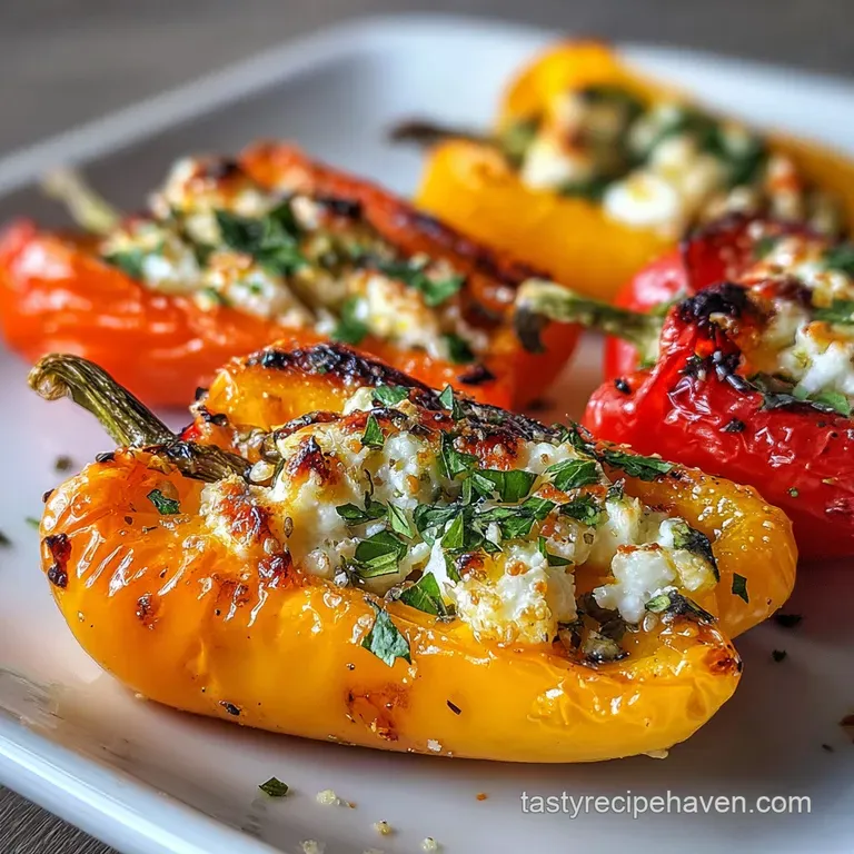 Glossy, roasted mini peppers arranged on a platter, sprinkled with fresh herbs and a drizzle of olive oil; light, summer a...