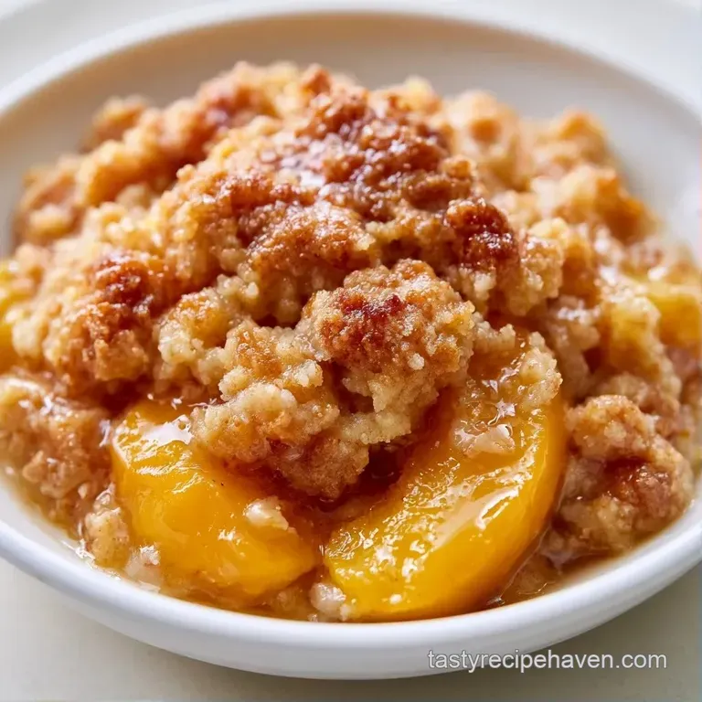 A single scoop of vanilla bean ice cream atop golden glazed peaches, drizzled with warm butter on a white plate.