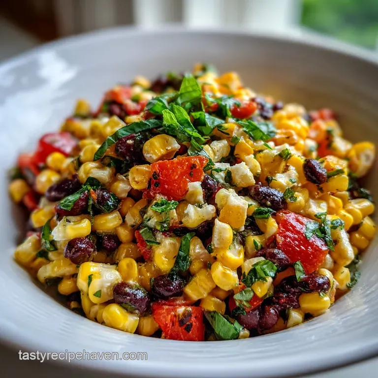 Close-up of colorful corn salad served in a glass bowl, the fresh herbs and juicy tomatoes promising a flavorful bite.