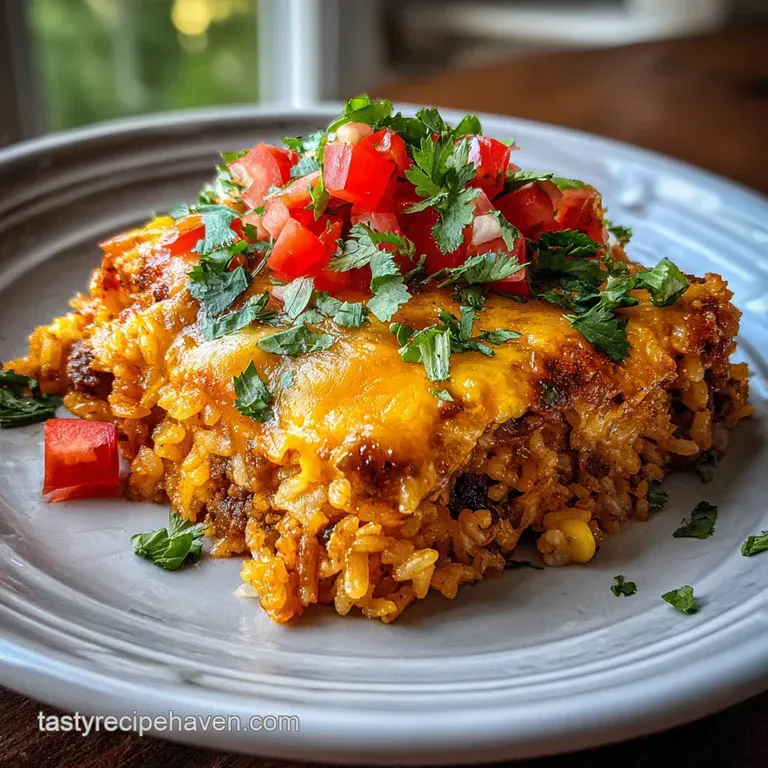 A colorful serving of the casserole in a white bowl, steam rising, with a dollop of sour cream and a sprinkle of fresh cil...