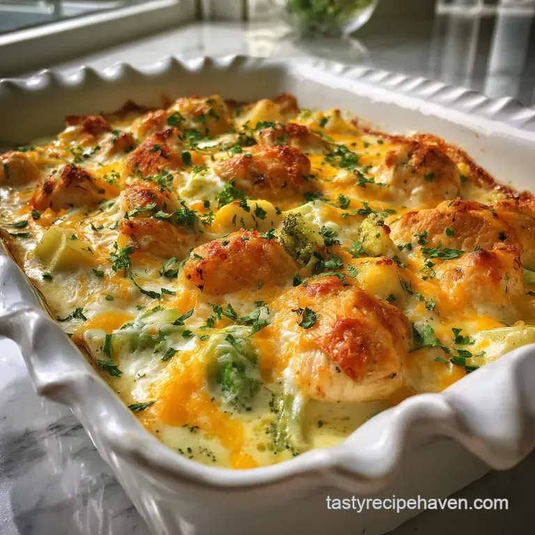 Creamy chicken casserole served on a white plate, steam rising; golden brown crust with hints of herbs, inviting comfort.