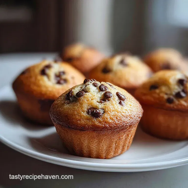 A neat row of petite chocolate chip muffins on a white plate; light reflects off the glossy, speckled tops.