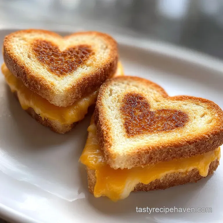 Three mini grilled cheese hearts arranged on a white plate, melted cheese cascading slightly, alongside a vibrant red dipp...
