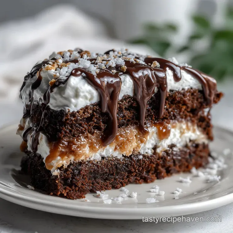 Slice of decadent chocolate cake piled high with fluffy whipped cream and drizzled with dark chocolate sauce. A delightful...