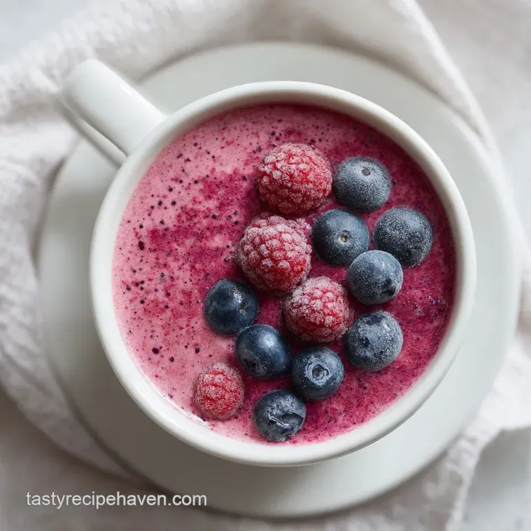 A tall glass of creamy berry smoothie, artfully drizzled with honey and garnished with mint.
