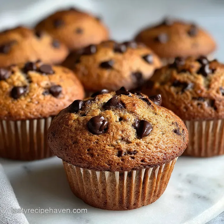 Fluffy banana chocolate chip muffin on a linen napkin, warm steam rising, with a bite taken to reveal soft interior.