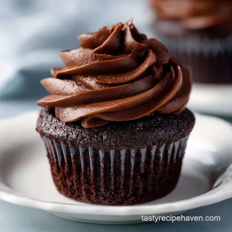 A single, decadent chocolate cupcake on a white plate, the glossy frosting inviting a bite.