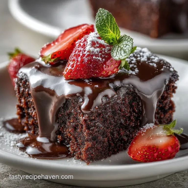 A slice of rich chocolate cake topped with glossy chocolate ganache, sits on a white plate, hinting at a moist and fudgy i...