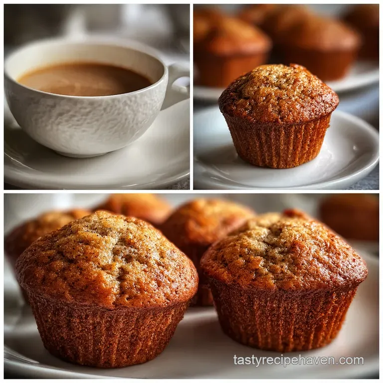 Three moist banana muffins stacked on a linen napkin, next to a dollop of creamy Greek yogurt. Light and airy texture shown.