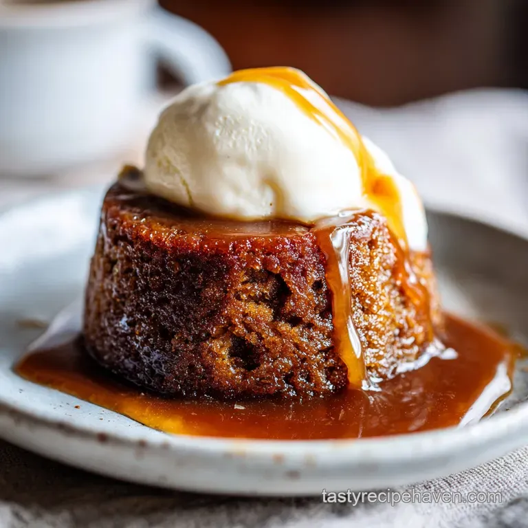 A slice of moist, dark pudding topped with a scoop of vanilla ice cream, the toffee sauce dripping invitingly down the sides.