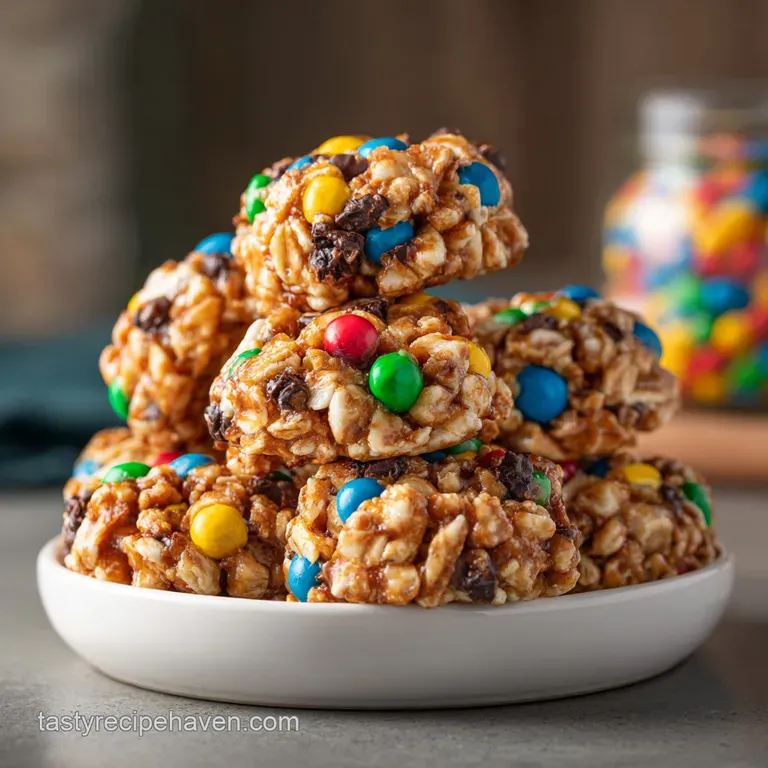 Neat row of monster cookie protein balls on a clean white plate. Soft, chewy appearance with vibrant sprinkles. Simple, he...
