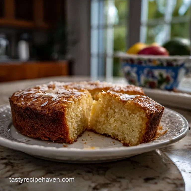 Festive slice of fluffy cake on a white plate, dusted with sugar. Rosemary sprig and citrus peel add a bright touch.