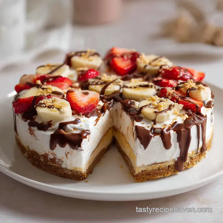 A slice of creamy banana split cake, showcasing layers of golden biscuit, smooth filling, and a crown of whipped cream.