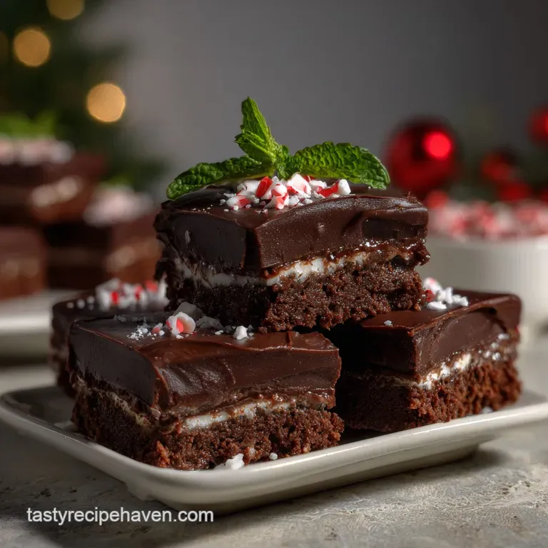 Elegant plate of bite-sized chocolate peppermint delights. Shiny dark chocolate, garnished with crushed peppermint candy a...