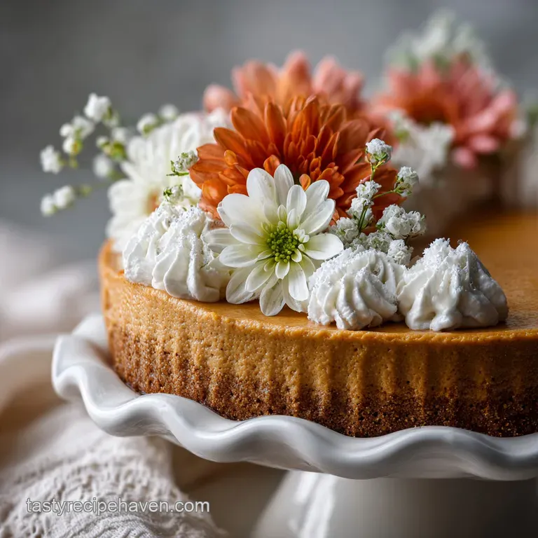 A slice of pumpkin pie topped with whipped cream, cinnamon, and a decorative star anise. Golden crust, creamy filling, inv...