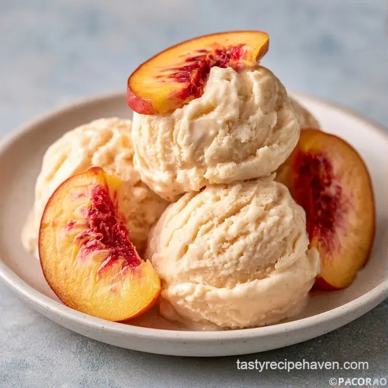 Soft peach-colored scoops in a glass coupe topped with a fresh mint leaf and vibrant orange fruit slices.