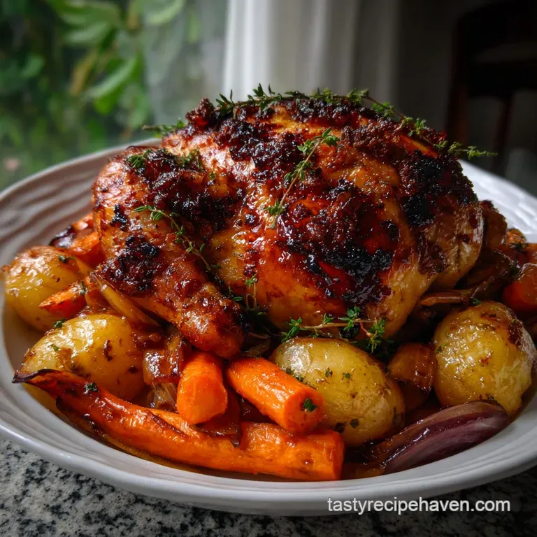Elegant plate of roasted chicken with a medley of colorful roasted carrots and parsnips, garnished with fresh herbs. Appea...