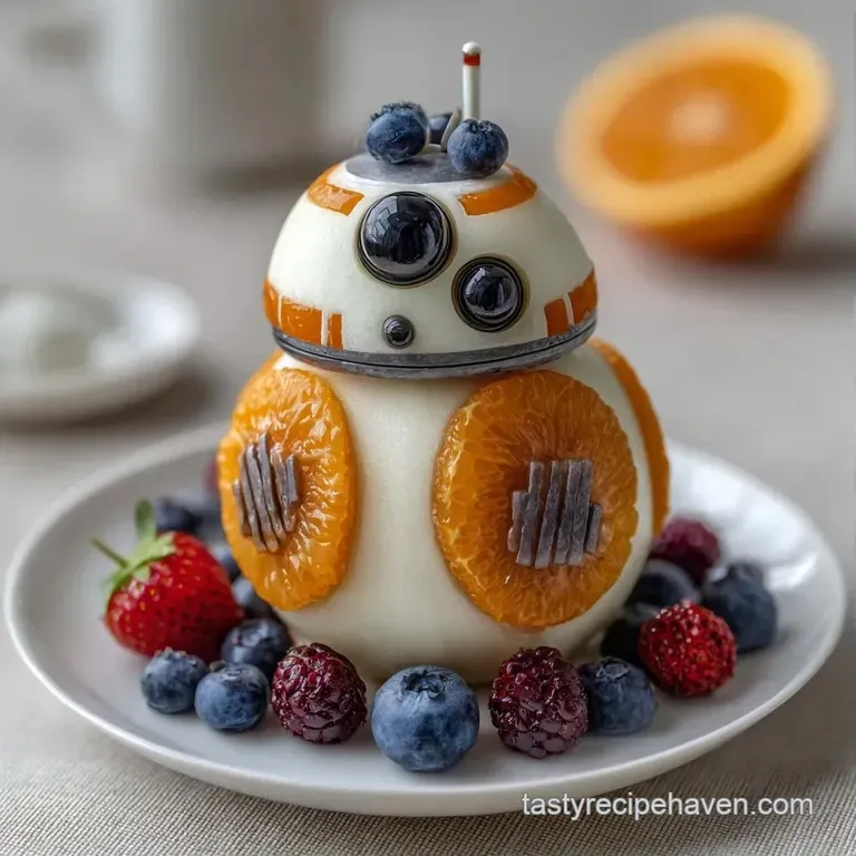 Bright orange cantaloupe and crisp white pear slices arranged in a circular droid pattern on a sleek white platter.