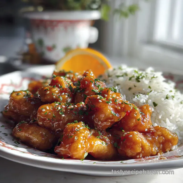 Vibrant orange chicken arranged artfully on a white plate, garnished with green scallions for a pop of fresh color and vis...