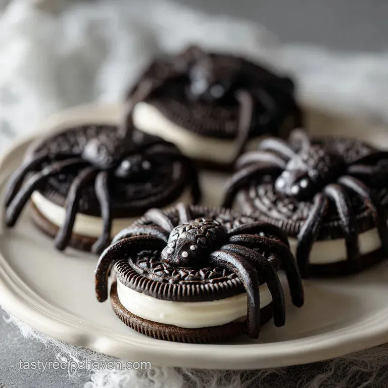 Spider Oreo cookie resting on chocolate frosting, detailed with red candies for eyes. The background has a dark hue.