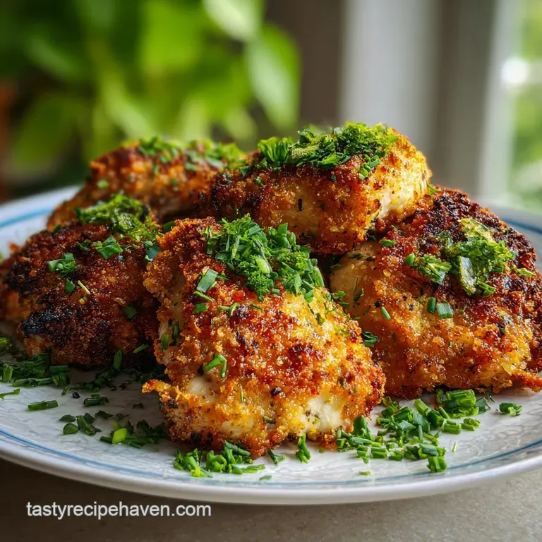 Oven-baked chicken thigh with crispy skin, plated beside green beans, drizzled in pan sauce, with parsley garnish.