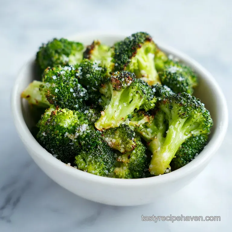 Steaming bright green broccoli, roasted until tender, piled high on a white plate. Topped with flaky salt and cracked blac...