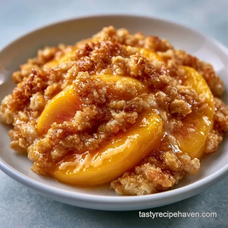 A warm scoop of golden peach crumble topped with melting vanilla ice cream on a minimalist ceramic plate.