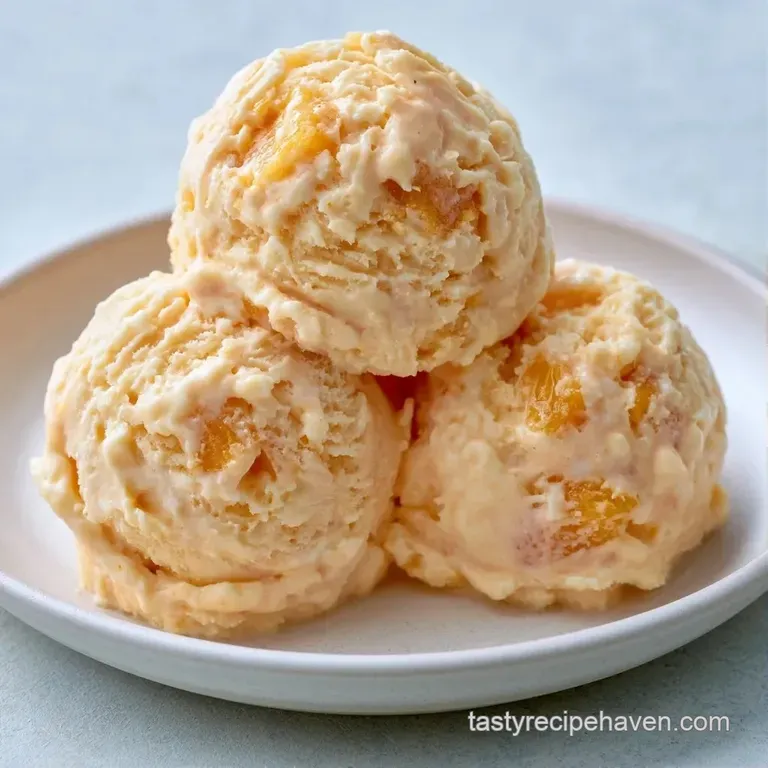 Velvety peach-colored scoops resting on a white platter, paired with a fresh mint sprig and honey drizzle.