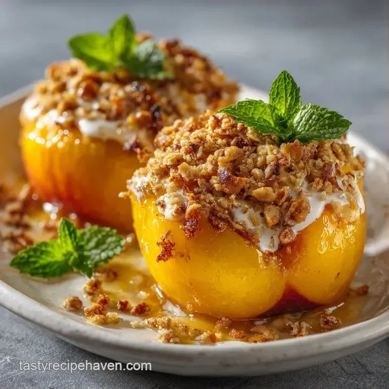 Elegant plate of warm, glazed peach halves paired with a scoop of vanilla bean ice cream and a berry garnish.