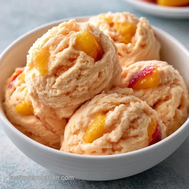 Three pale orange frozen scoops topped with sliced fresh peaches and a mint leaf on a white marble platter.