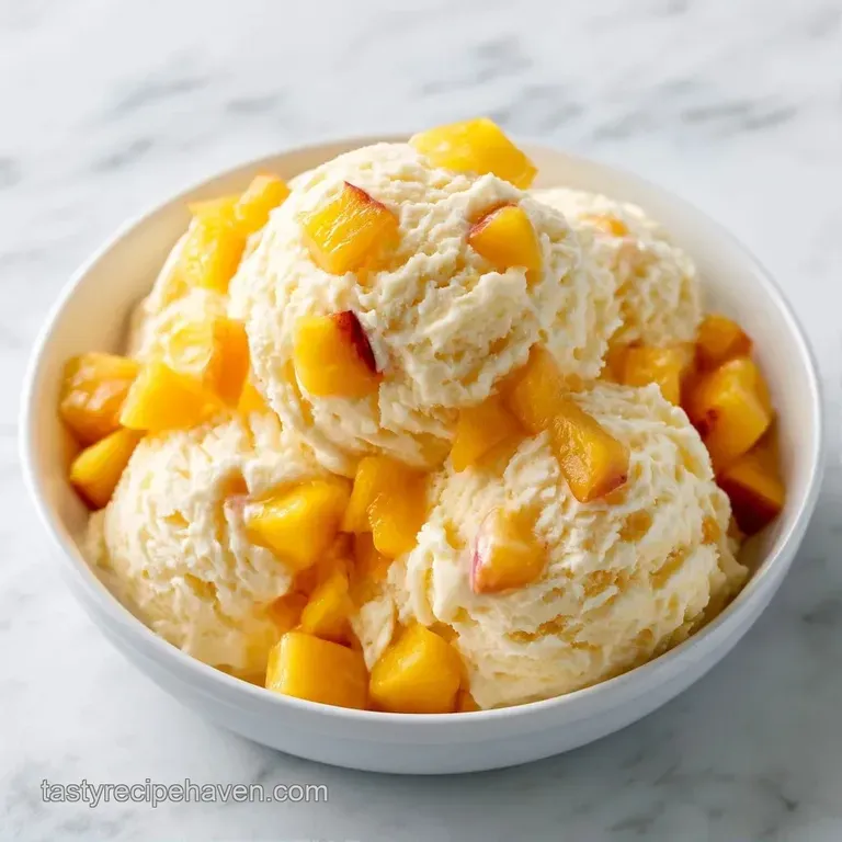 Elegant scoops of pale gold frozen cream accented with fresh sliced peaches and a mint leaf on a marble platter.