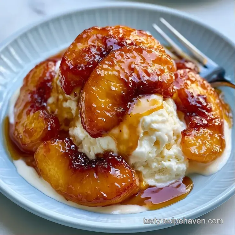 Elegant white plate featuring a scoop of velvet cream surrounded by glazed orange peaches and a fresh mint sprig.