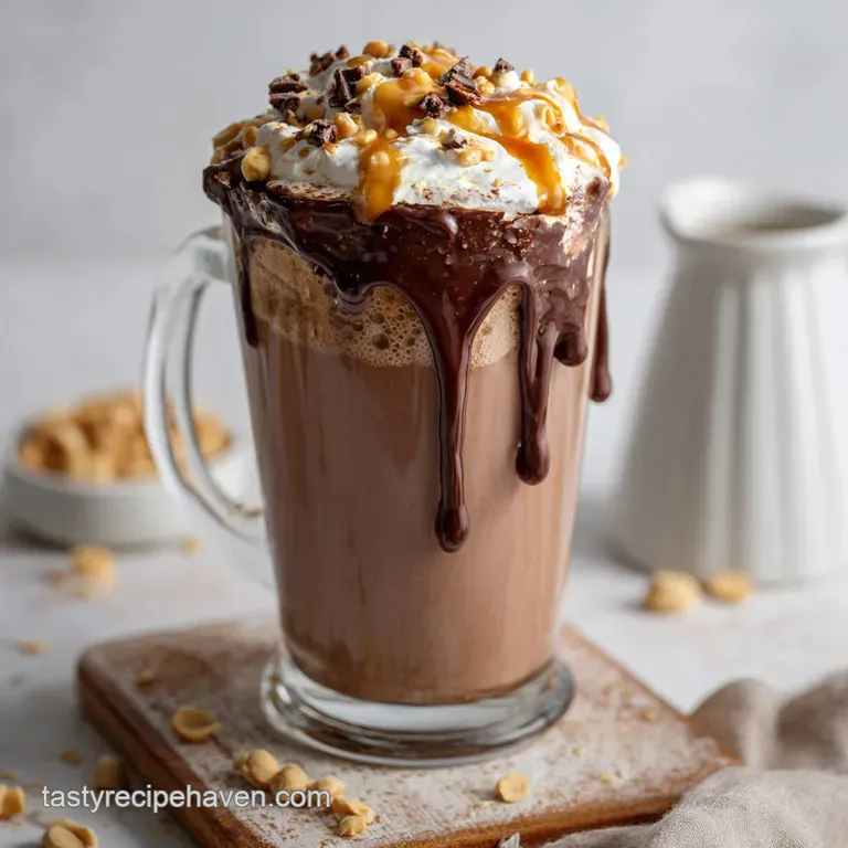 Frosted milkshake glass with dark chocolate drizzle, peanut butter rim, and a mini peanut butter cup. Rich, creamy treat.