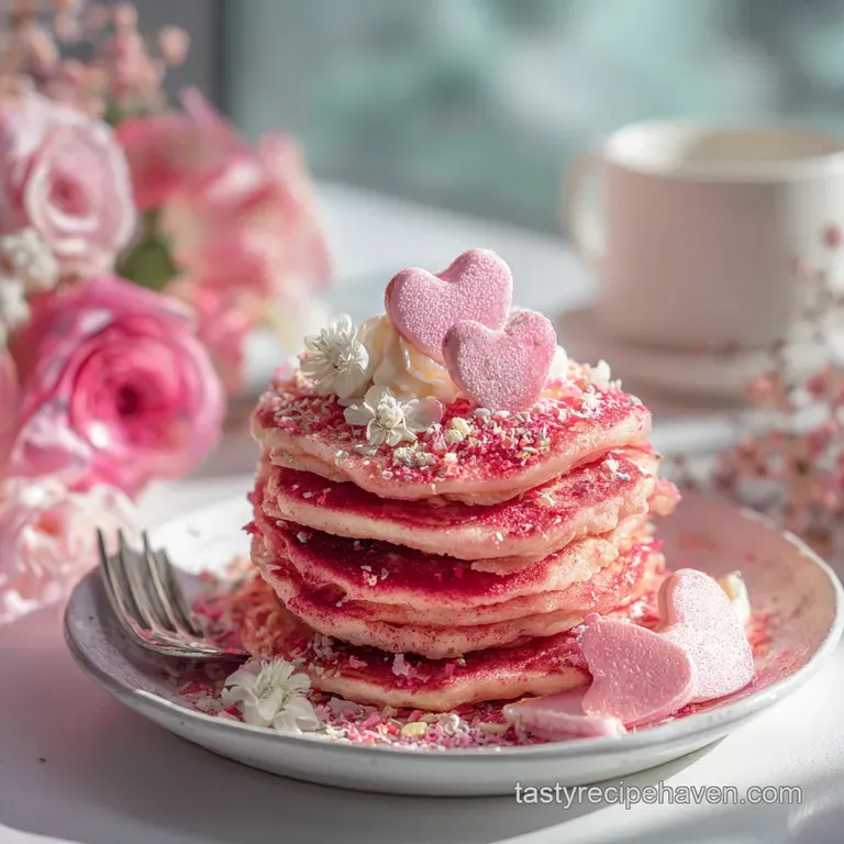 Stack of fluffy pink pancakes dusted with powdered sugar, garnished with vibrant berries and a sprig of fresh mint.