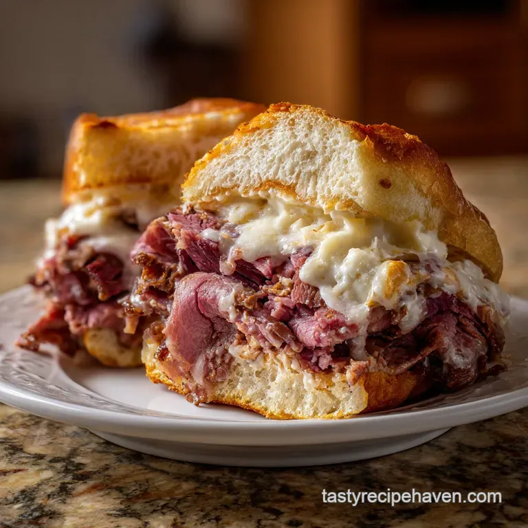 Perfectly seared prime rib, glistening with rendered fat, sits atop a bed of creamy mashed potatoes, garnished with fresh ...