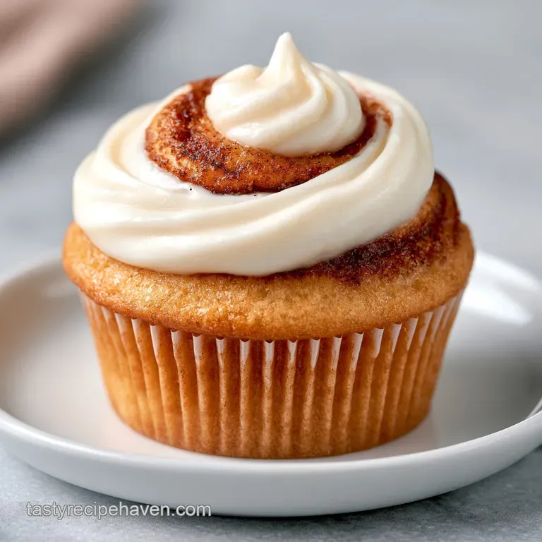 Twelve spiced cakes with white frosting swirls arranged on a white platter, accented by a sprinkle of cinnamon.