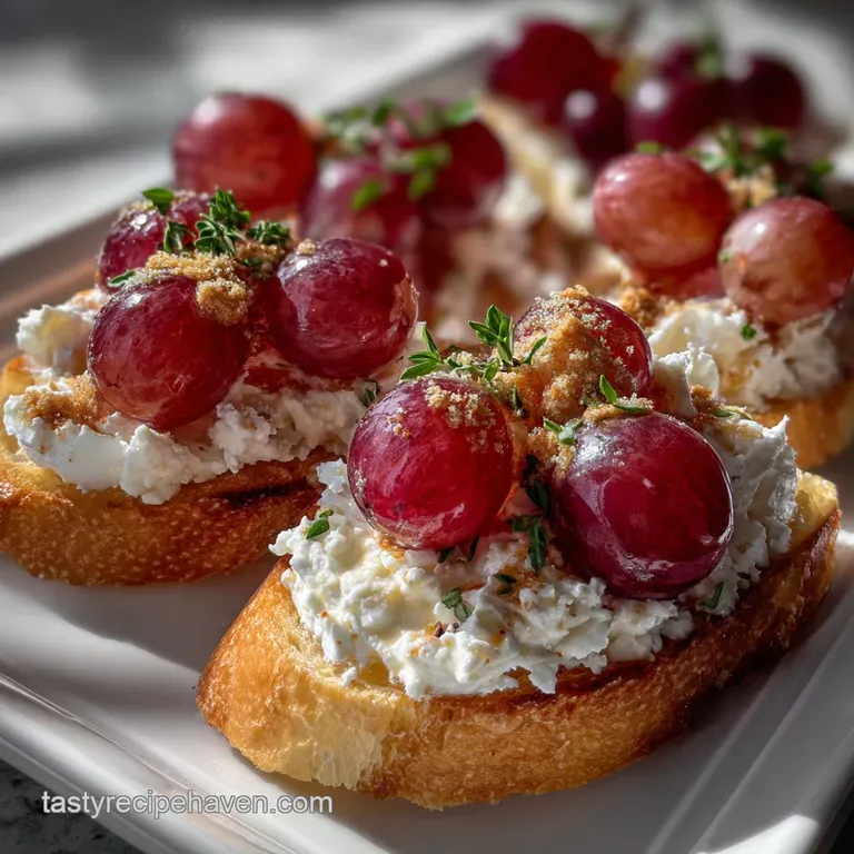 Elegant crostini arrangement on a slate serving board. Sparkling grapes and whipped cheese create a sophisticated, texture...