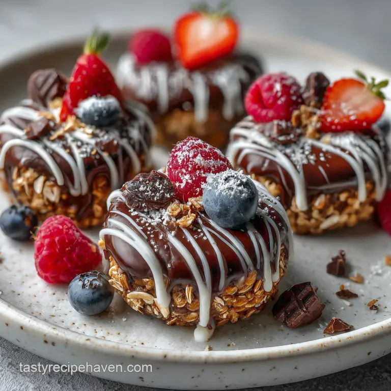Neat row of protein balls displayed on a white ceramic plate, with a sprinkle of chia seeds and a drizzle of honey for add...