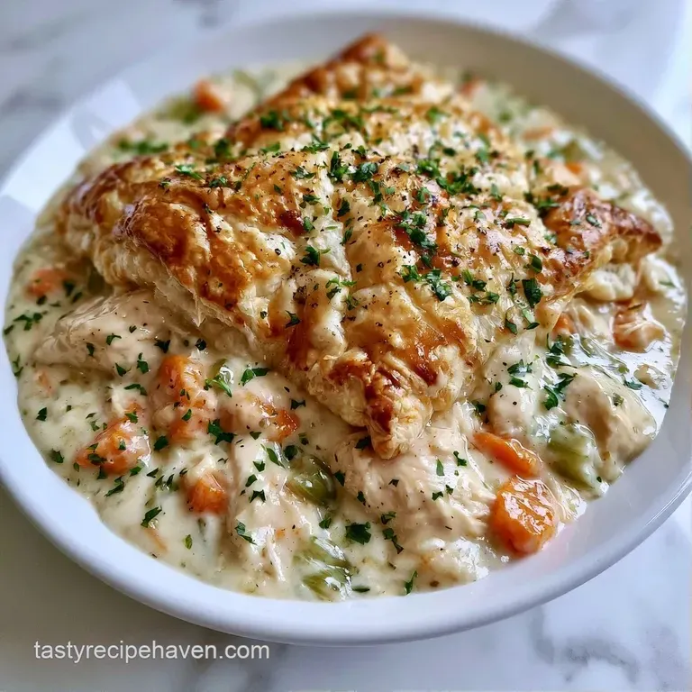 A slice of golden-brown flaky pastry resting on a white plate with creamy chicken and vegetables spilling out.