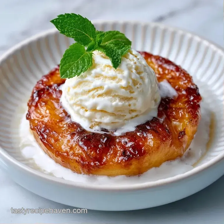 Golden caramelized peach halves in a ceramic dish, topped with creamy vanilla ice cream and a fresh mint leaf